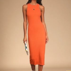 Majorly Trendy Orange Ribbed Bodycon Midi Dress